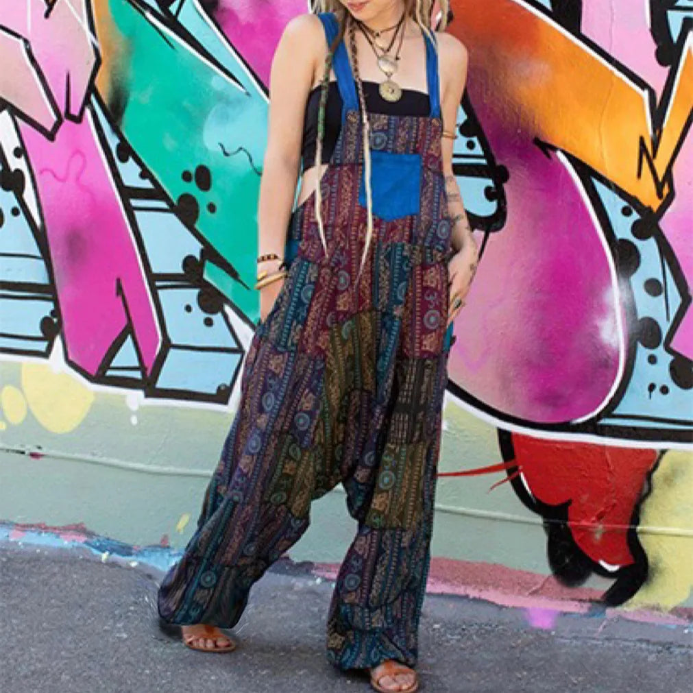 Stitching Ethnic Print Sleeveless Loose Harem Jumpsuit