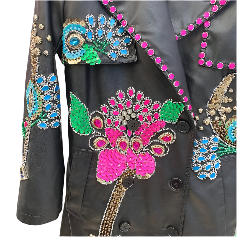 Sequins Beading Long PU Trench Coat