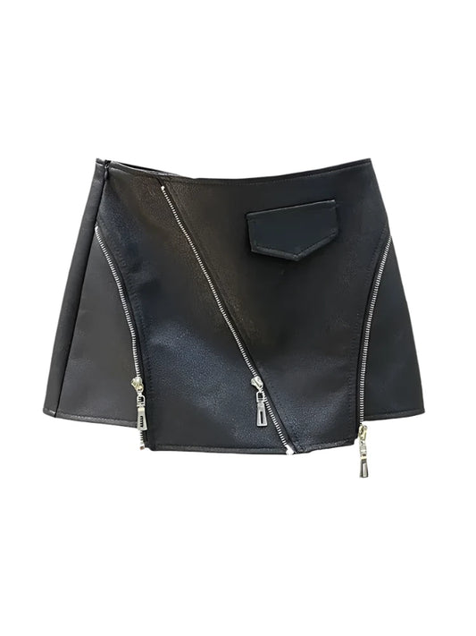 Pu Leather Irregular Zippers A-line High Waist Mini Short Skirt