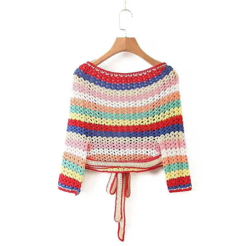 Boho Rainbow Striped Knitted Shorts Set Deep V-neck Wrap Blouse Crop Top Shorts Suit