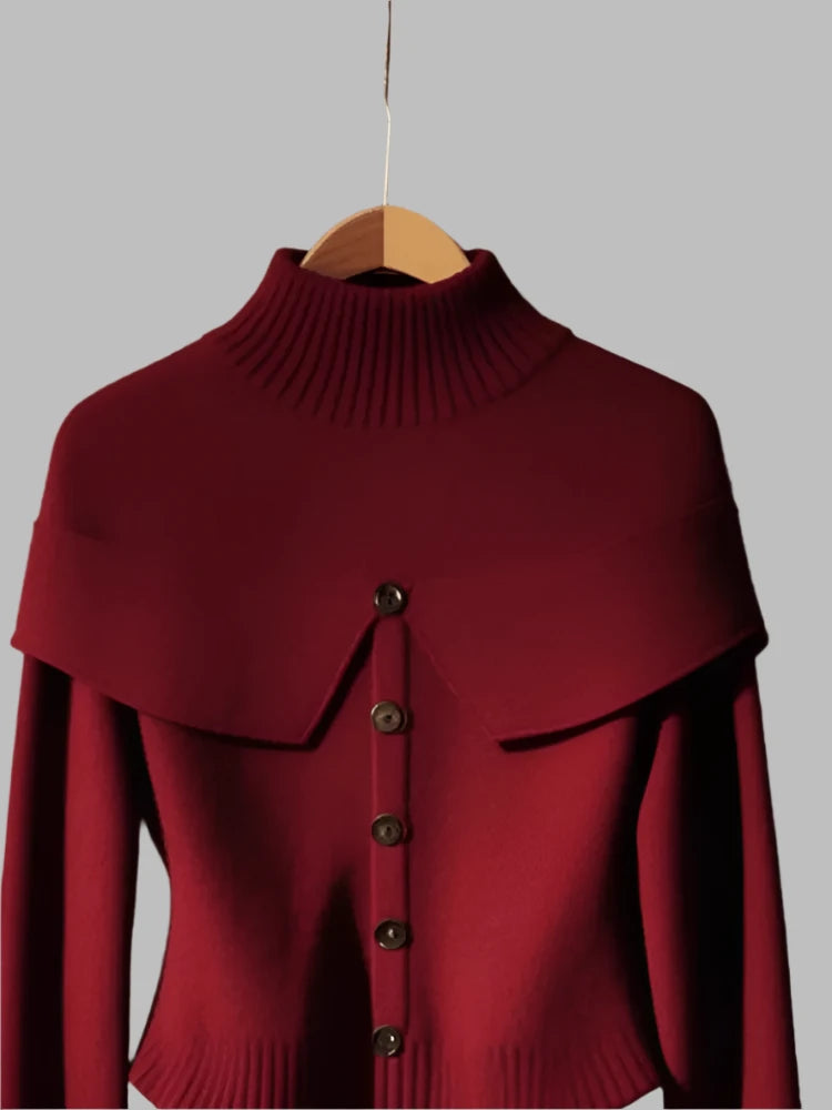 Caped Wine Red Knitted Sweater