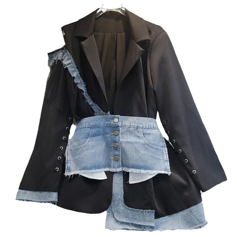 Denim Patchwork Single Buttoned Elastic Waist Blazer