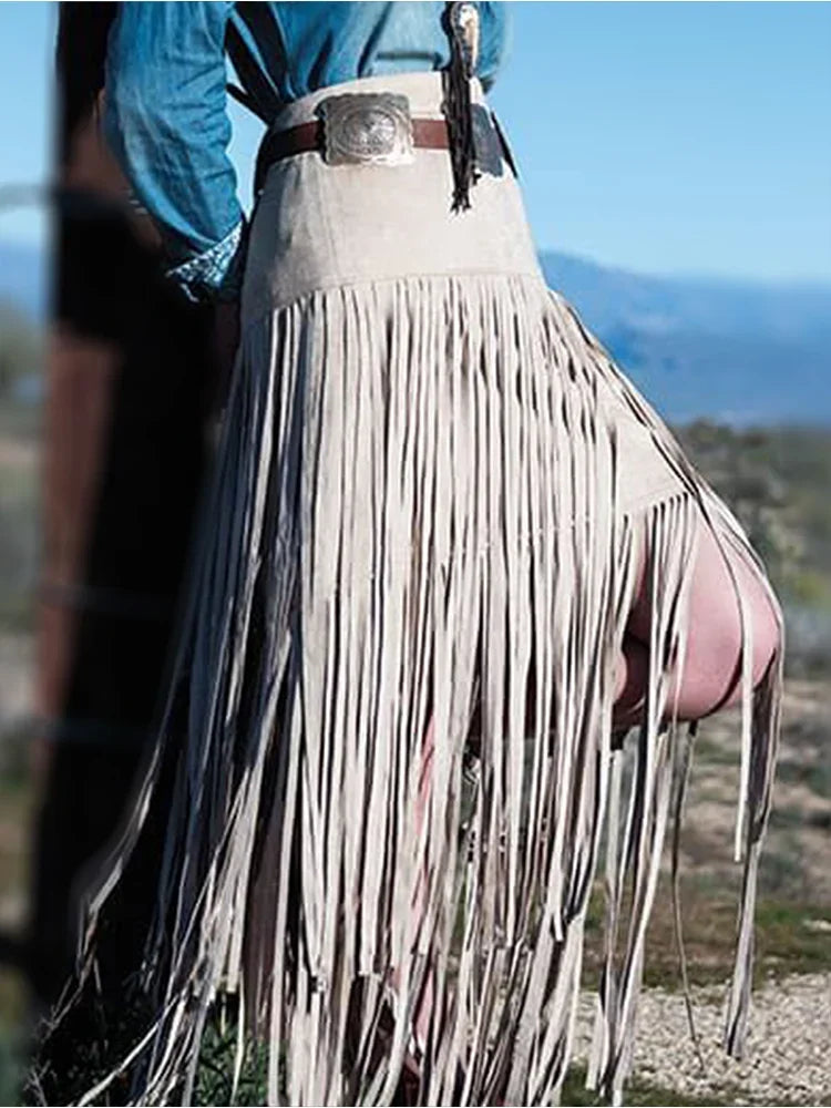 High Waist Tassel Asymmetric  Layered Fringed Midi Skirt
