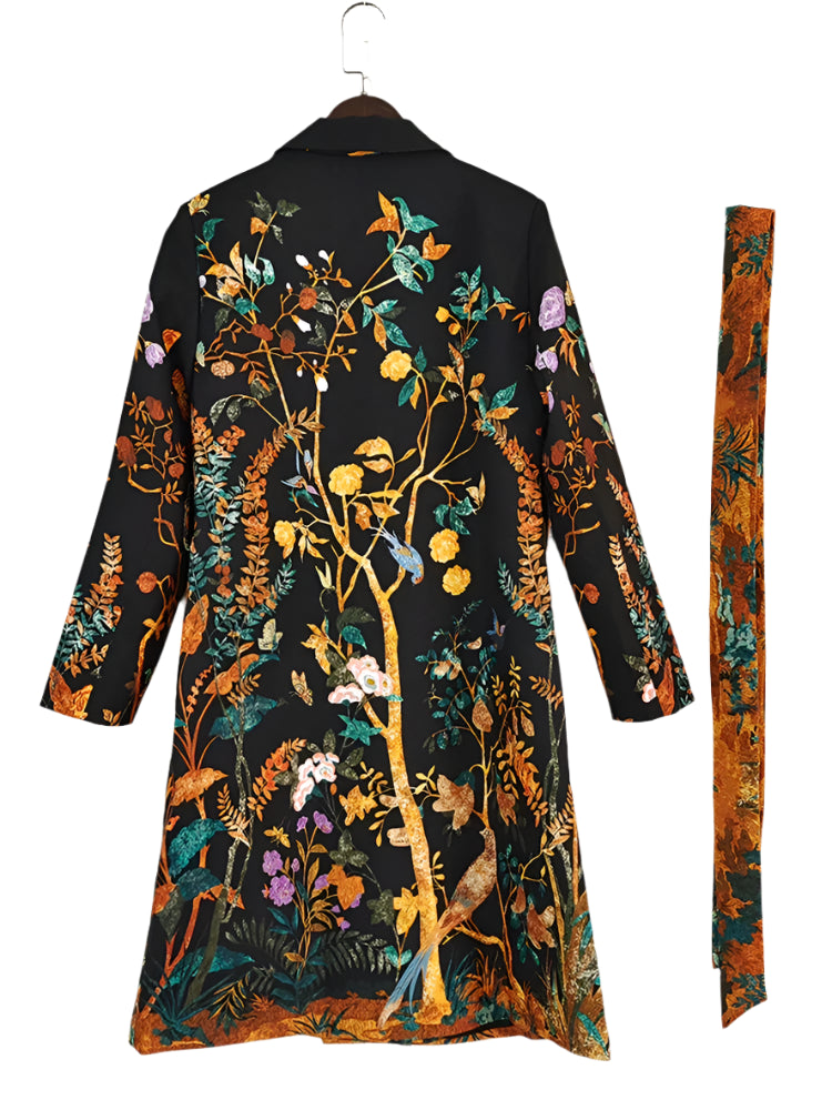 Flower & Birds Print Belt Trench