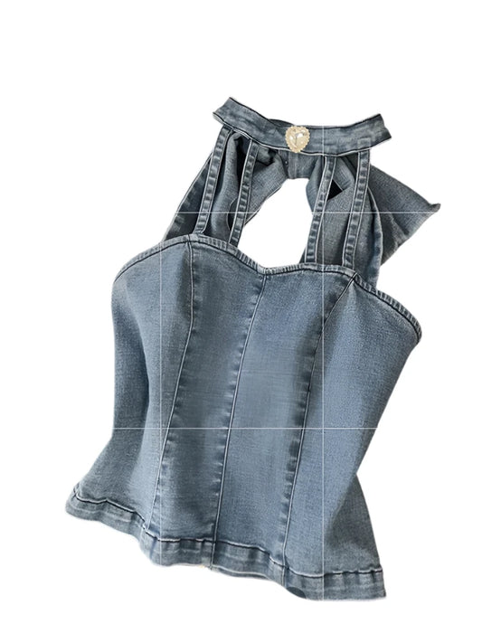 Denim Crop Halter Sleeveless Bow Top