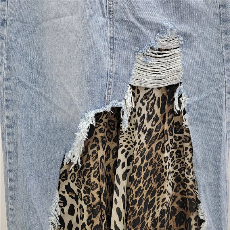 Leopard Gauze Patchwork A-line Denim Skirt