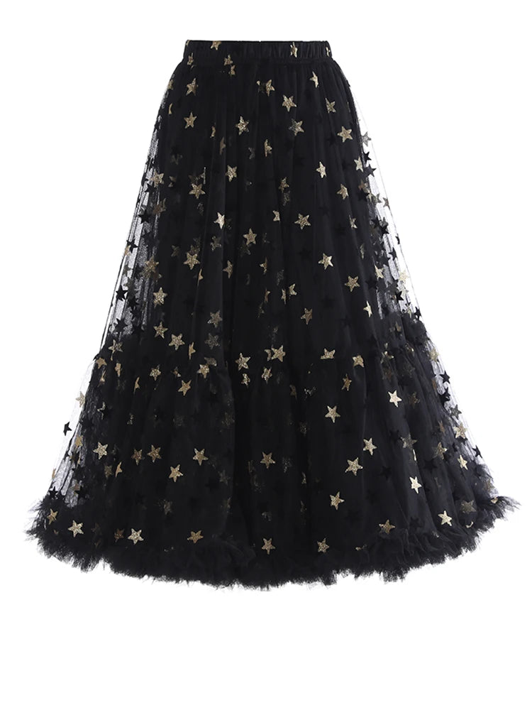 Black Flower Dot Mesh Long A-line Skirt