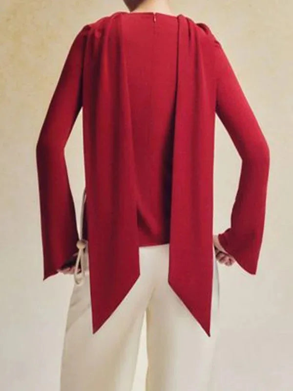 Solid Pullover Flared Sleeves Zipper Boat Neck Blouse