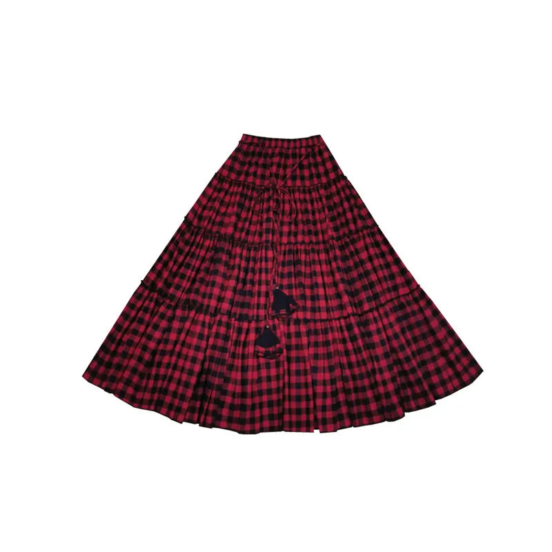 A-line Elastic Waist Cotton Print Plaid Skirt