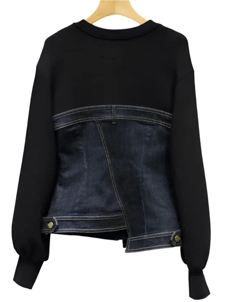 Asymmetric Zipper Denim Fake Two-piece Sweatshirt