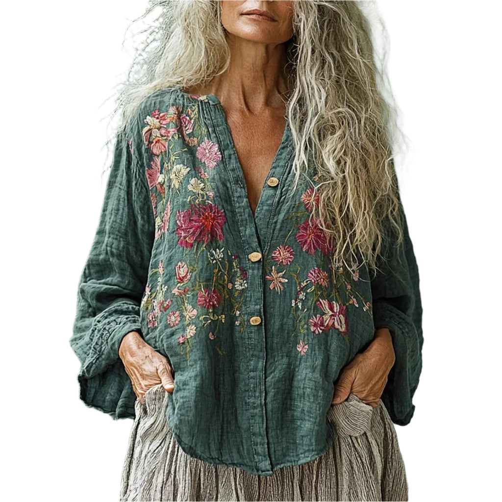 Floral Printed V-Neck Long Sleeve Bohemian Blouse