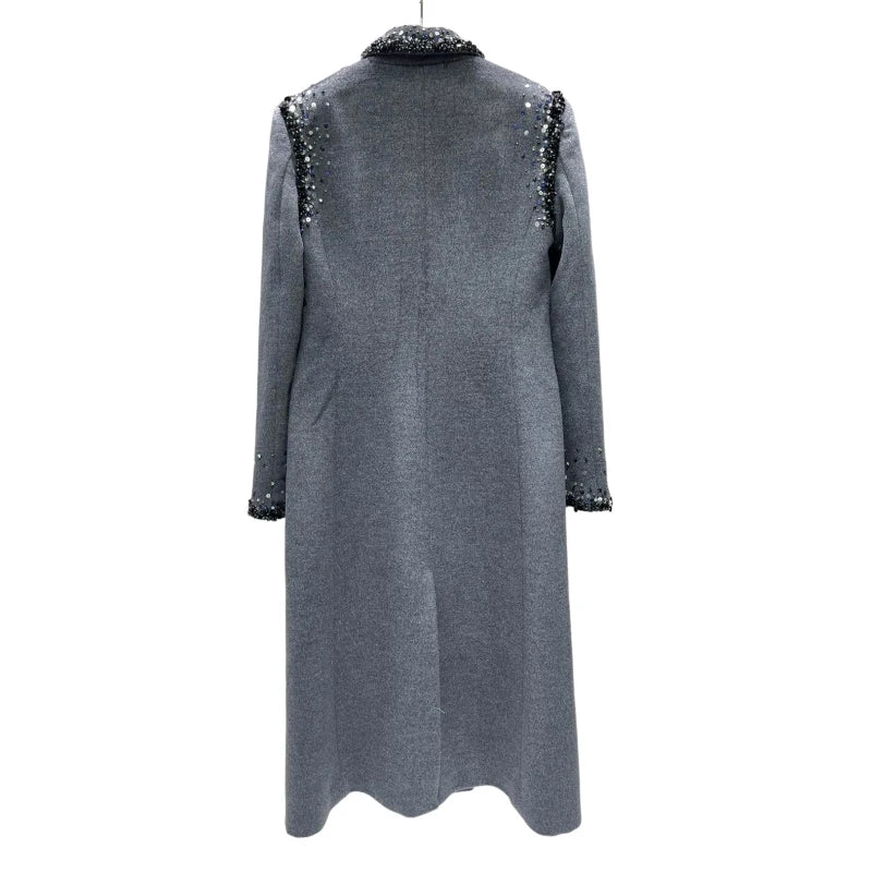 Fine Wool Double-Buttoned Bead Embroidery Long Coat