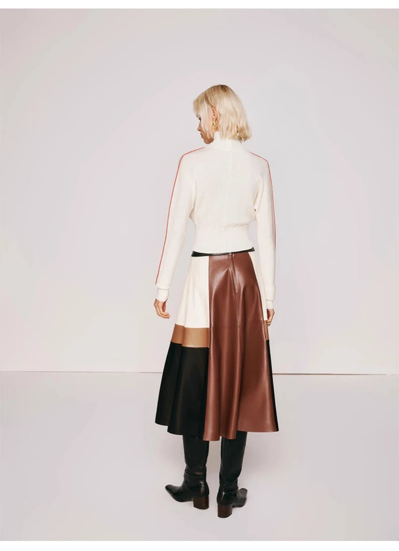 Color Block Patchwork Soft Pu Leather Skirt