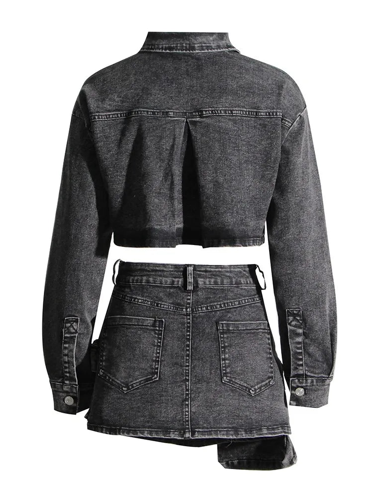 DenimTwo Piece Long Sleeve jacket High Waist Mini Skirt