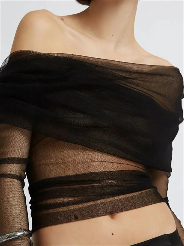 Mesh See Through Long Sleeve Off Shoulder Ruched Top