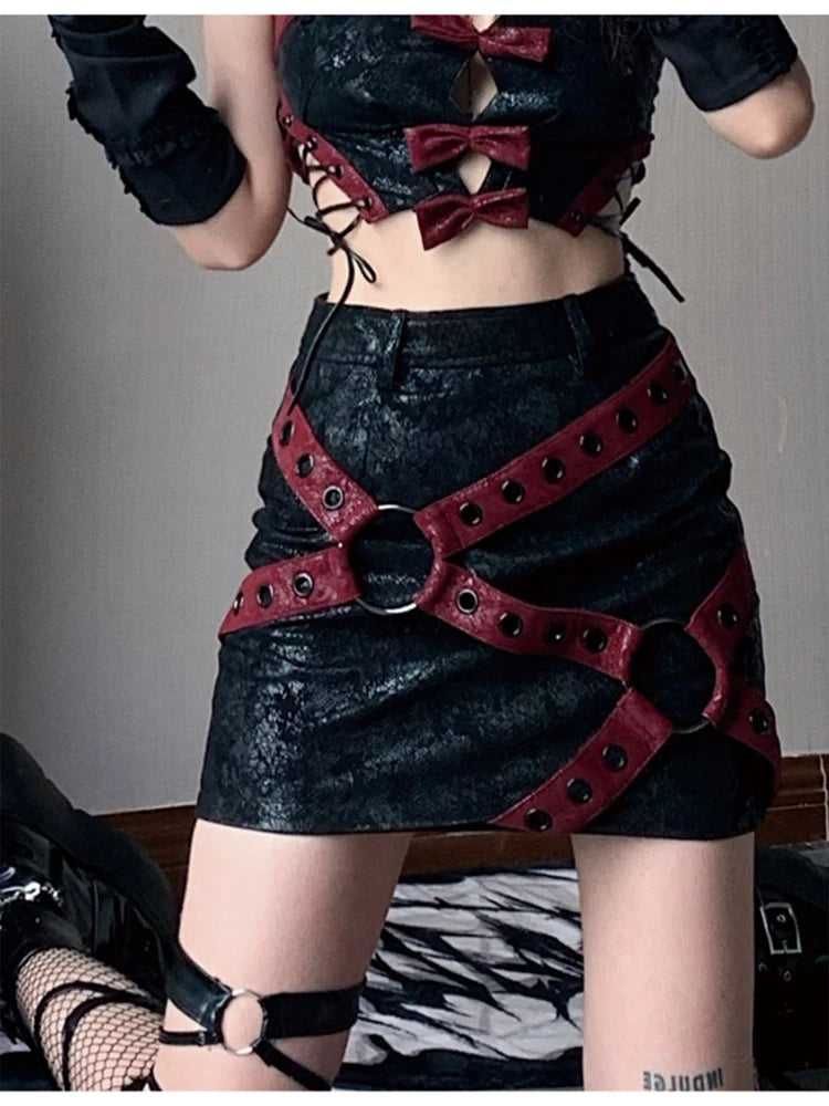 Red and Black Patchwork Pu Leather Mini Skirt