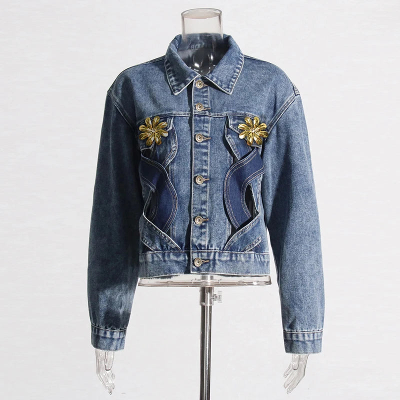 Denim Floral Cut Out Long Sleeve Turn Down Collar Blazer