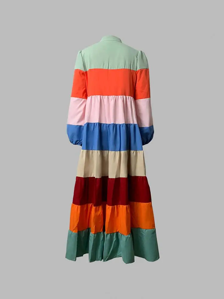 Multi-color Striped Puff Sleeves Long Dress