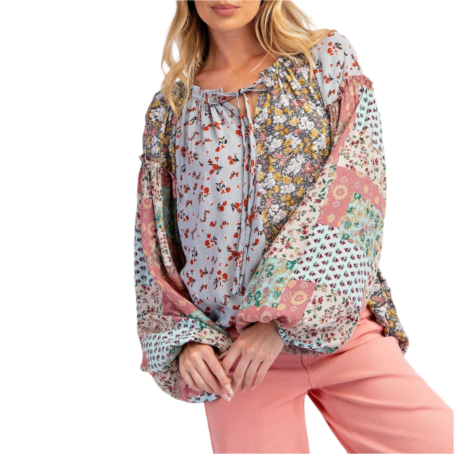 Floral Print Patchwork Long Sleeve Boho Loose Blouse