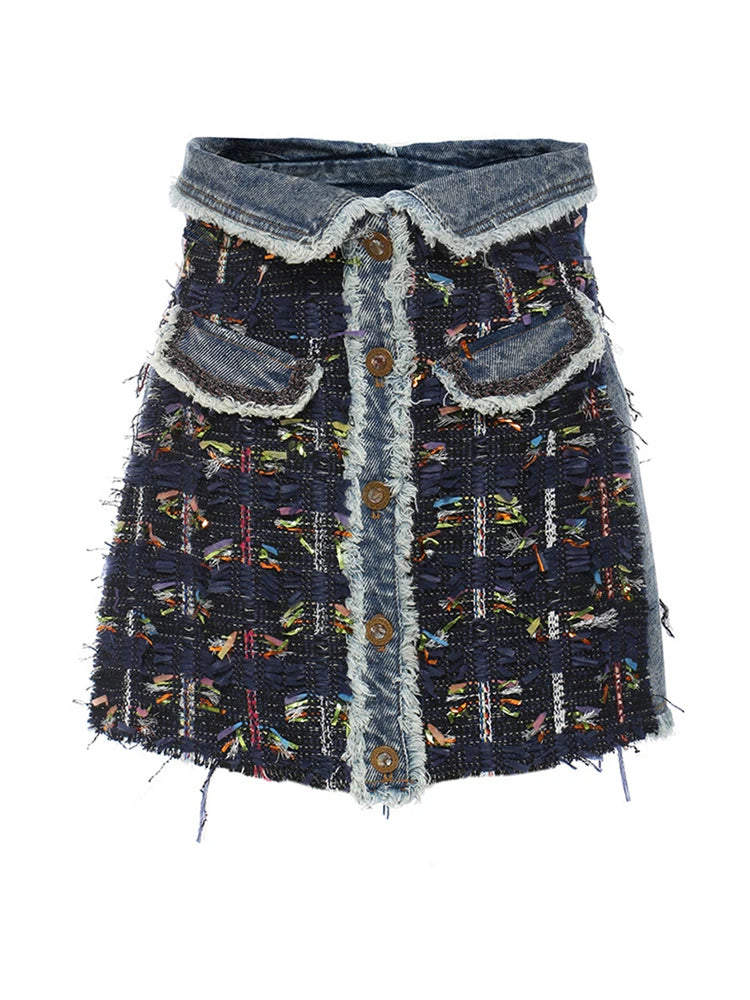 Blue Denim Ribbon Tassels Tweed Mini  Skirt