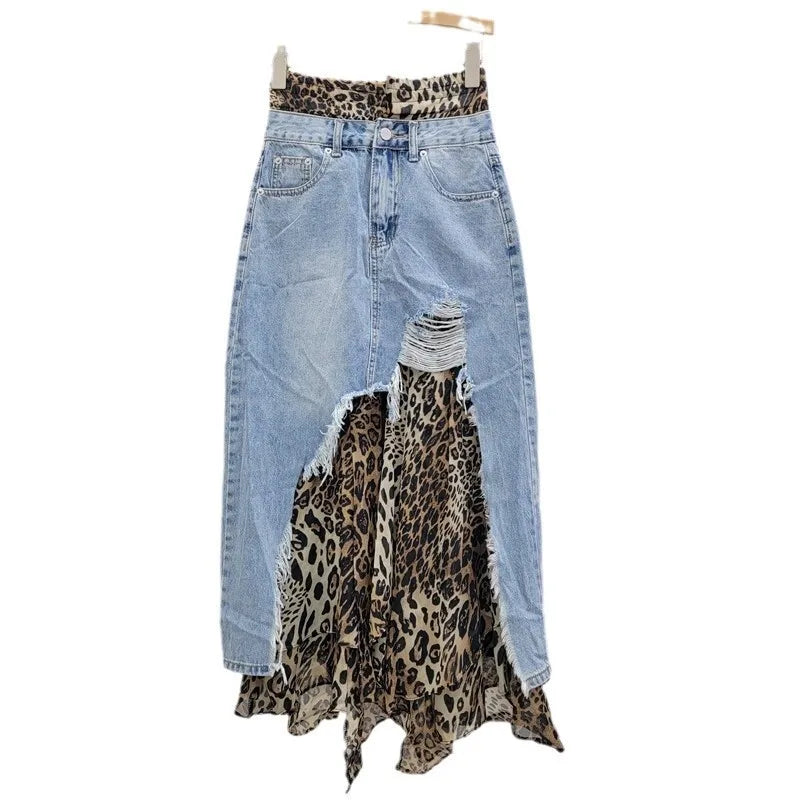 Leopard Gauze Patchwork A-line Denim Skirt