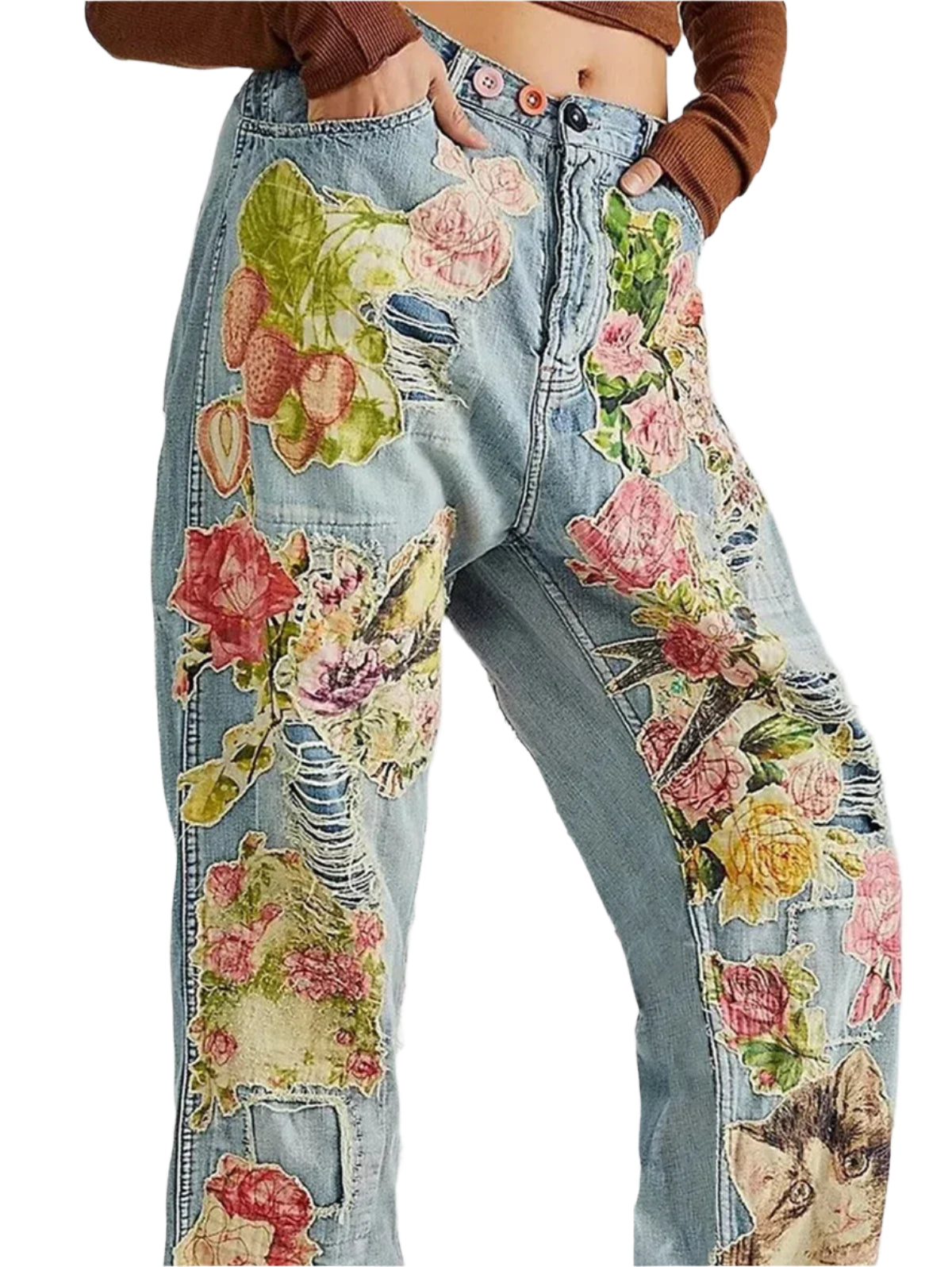 Floral Print High Waist Straight Denim Pants