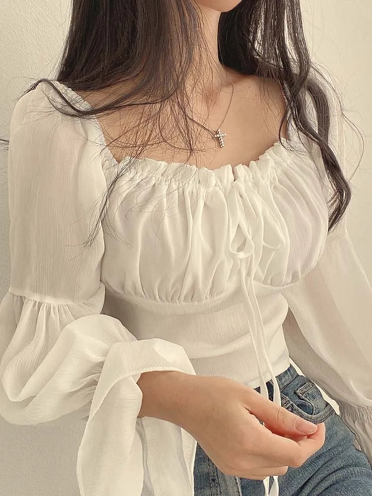 Chiffon Square Collar Lace Up Flare Sleeve Blouse