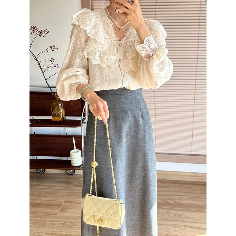 Lace Lolita Elegant Long Sleeve Flounce Blouse