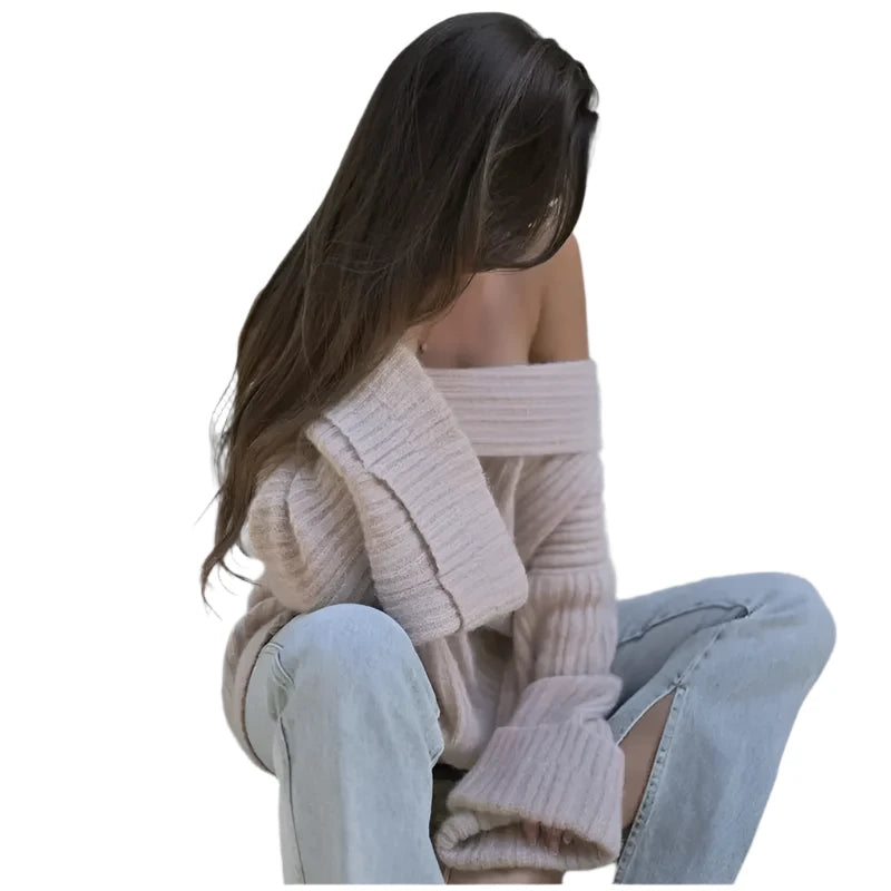 Off Shoulder Long Sleeve Loose Knit Pullover Sweater