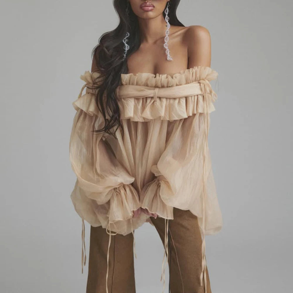 Off Shoulder Loose Lace Up Blouse