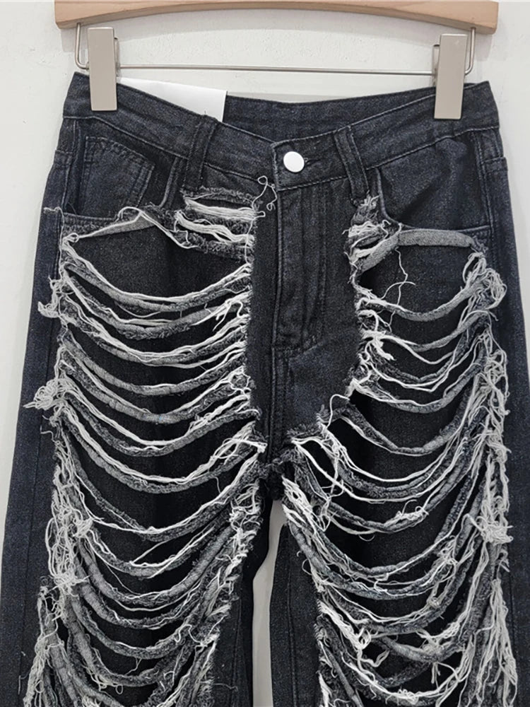 Denim Distressed Cut Out Straight Jeans