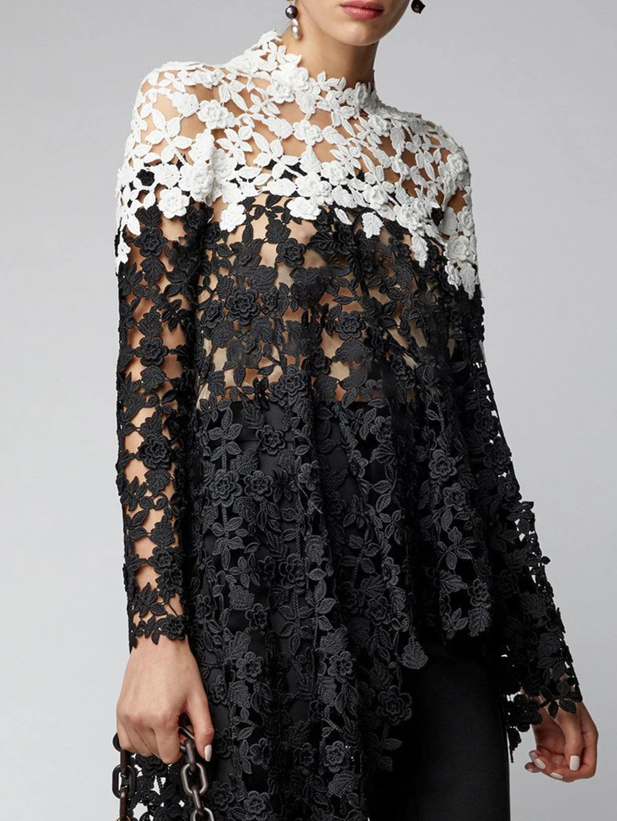 Asymmetrical Lace Long Sleeve Irregular Floral Blouse