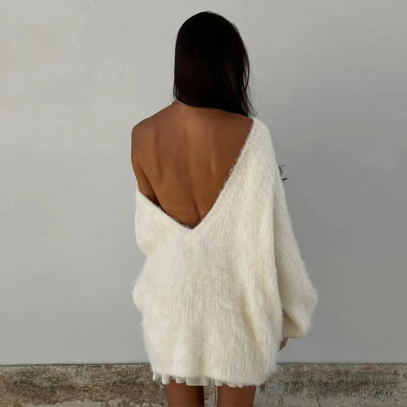 Backless Knitted Long Lantern Sleeve Oversized Sweater