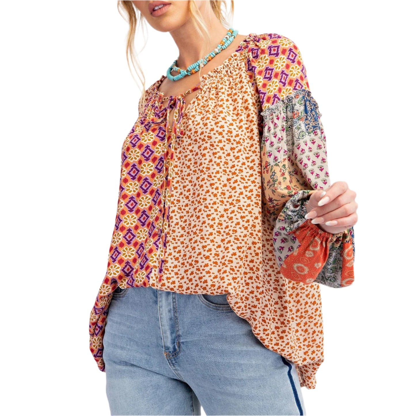 Floral Print Patchwork Long Sleeve Boho Loose Blouse