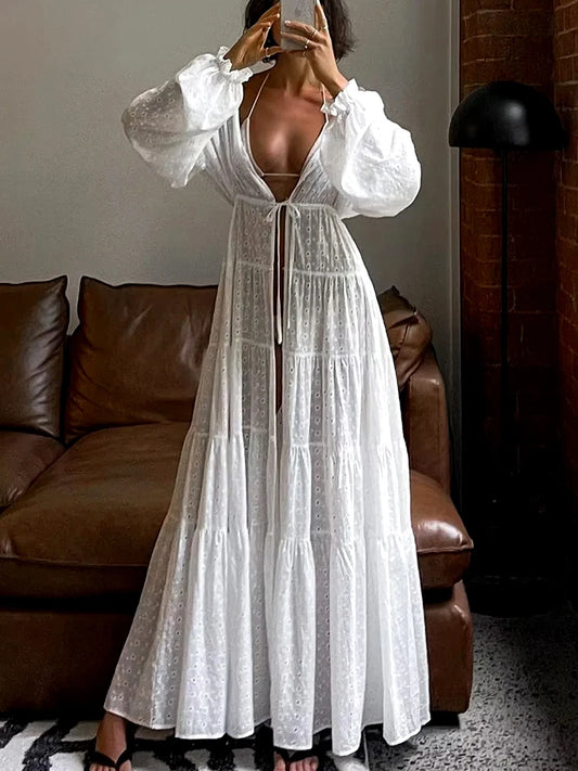 White Embroidery Cotton V-neck Long Sleeve Dress