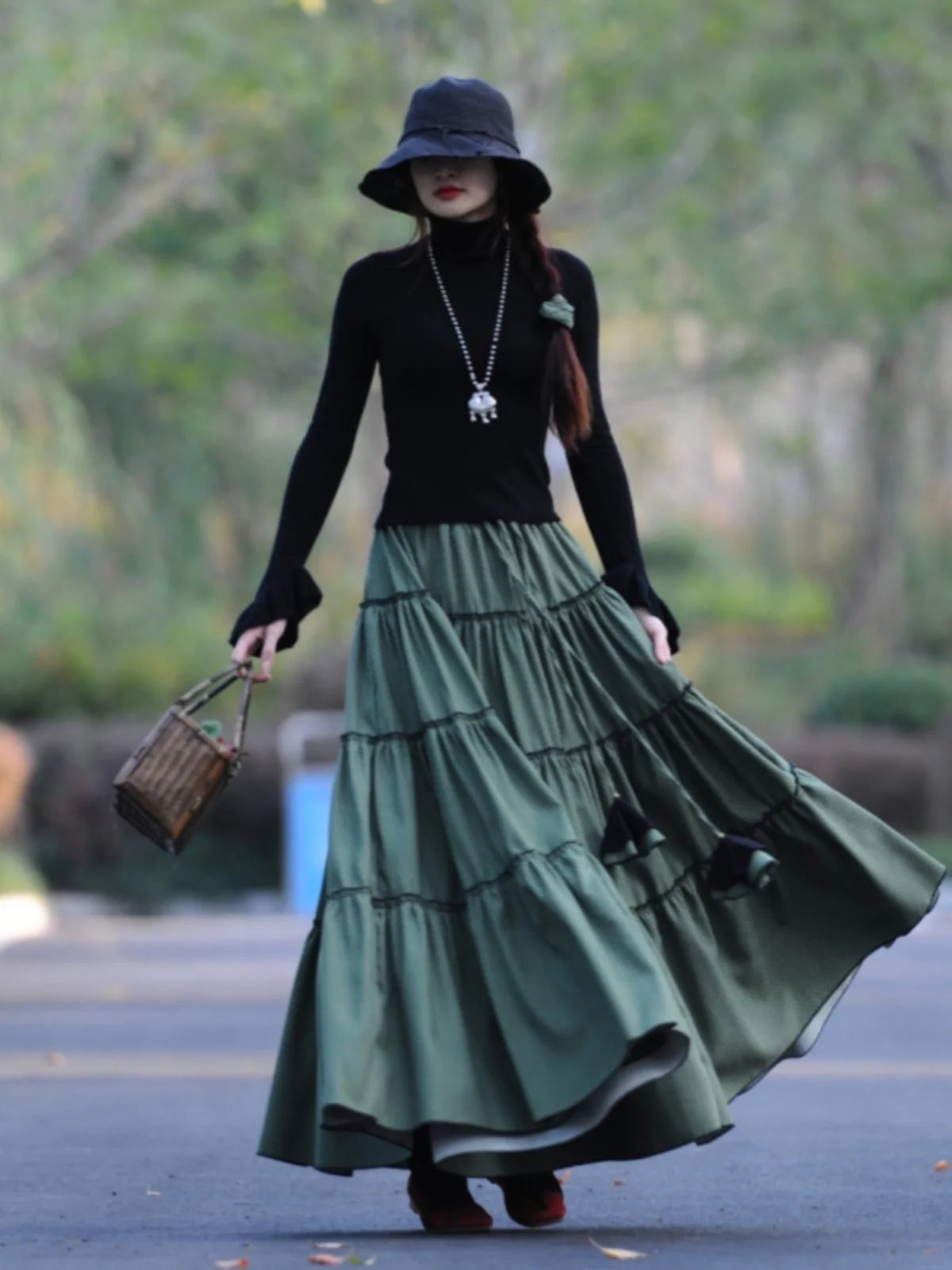 Cotton Thick Elastic Waist A-Line Printed Green Skirt