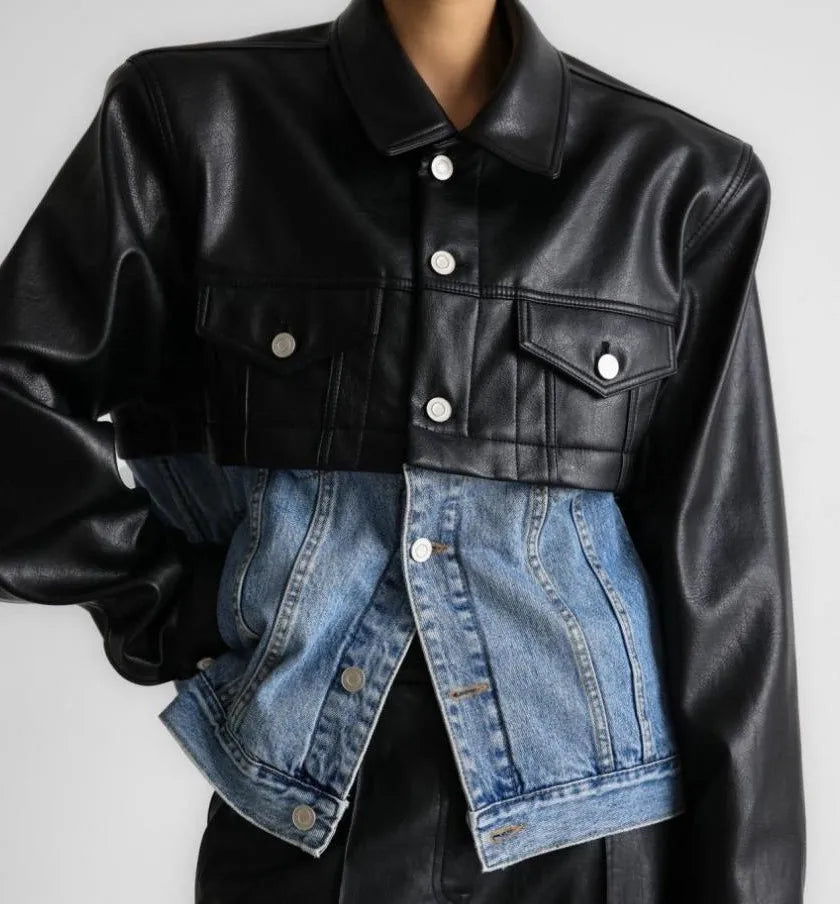 PU Leather Denim Stitched Detachable Long Sleeve