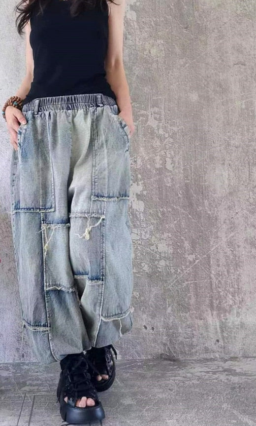 Patchwork Harem Stitched Raw Elastic Waist Jeans