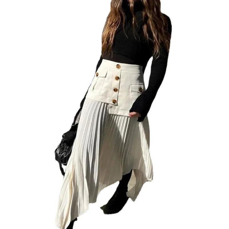 Irregular Chiffon Panel Pleated Multi button Pocket Long Half Skirt