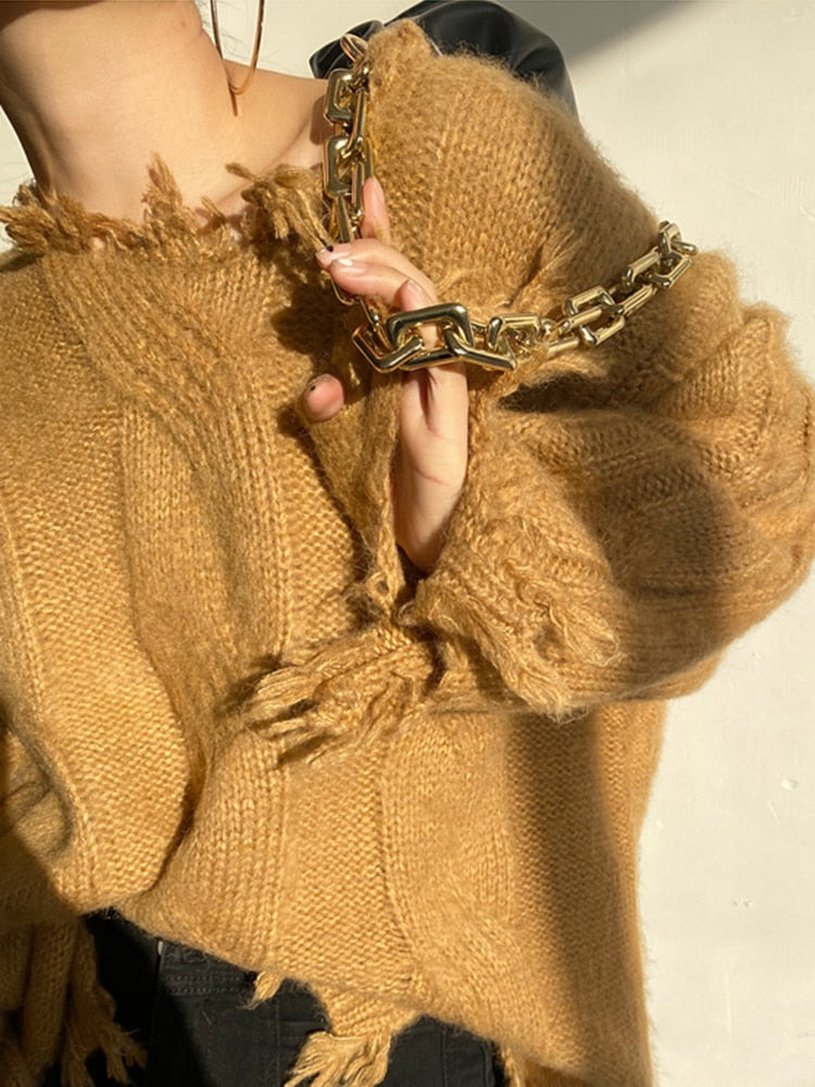 Raw Hem Tassel Knit Sweater