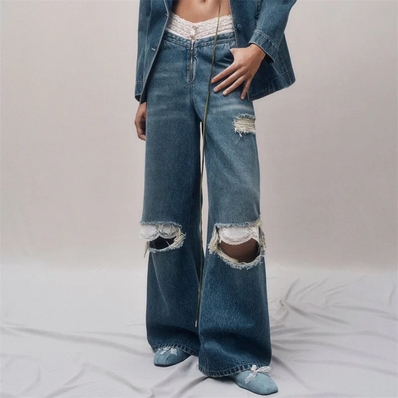 Cotton Distressed Low waisted Wide Leg Pants