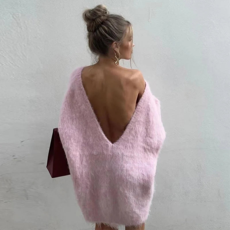 Backless Knitted Long Lantern Sleeve Oversized Sweater