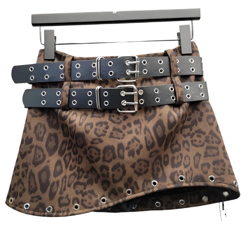 Double Belt Irregular Leopard Printed Brown Mini Skirt