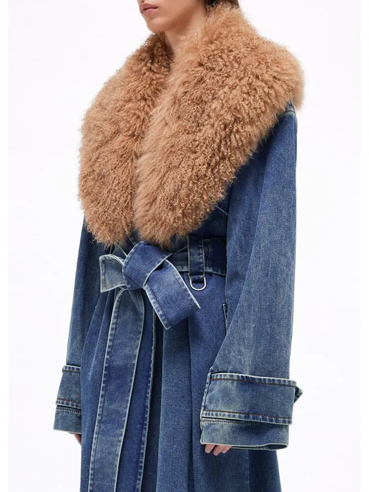 Lace Up Denim Fake Fur Collar Long Trench Coat