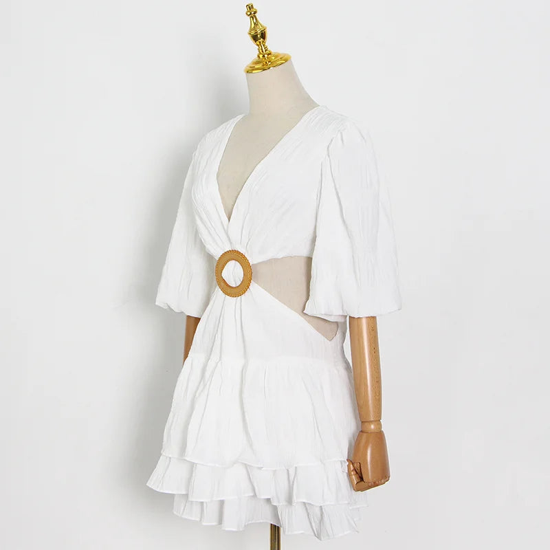 V Neck Lantern Half Sleeve Cut Out High Waist Mini Dress