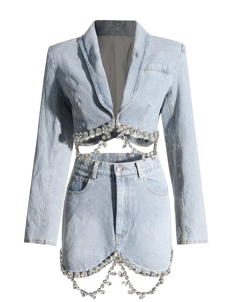 Diamond Tassel Denim Two Piece Set