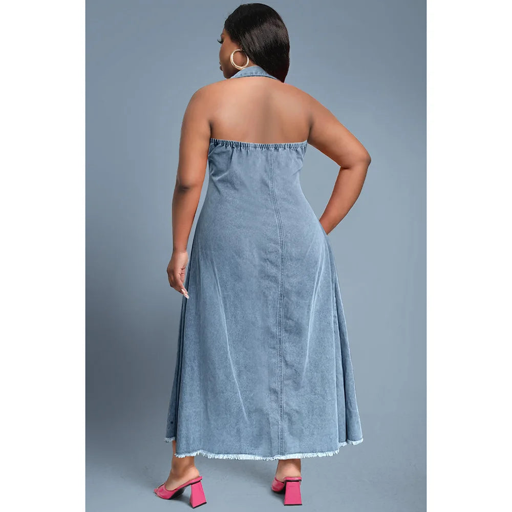 Light Blue Halter Neck Ripped Button Denim Long Dress