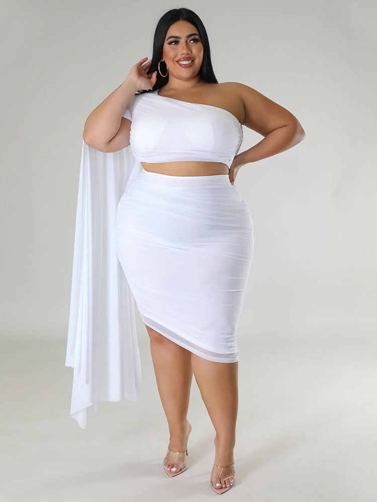 Plus Size Two Piece Single Sleeve Crop Top and Skirt