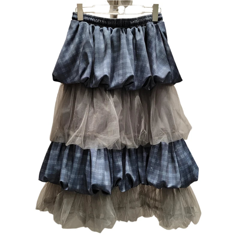 Elastic Waist Blue Plaid Patchwork Mesh Multi Layered Cake Skirt