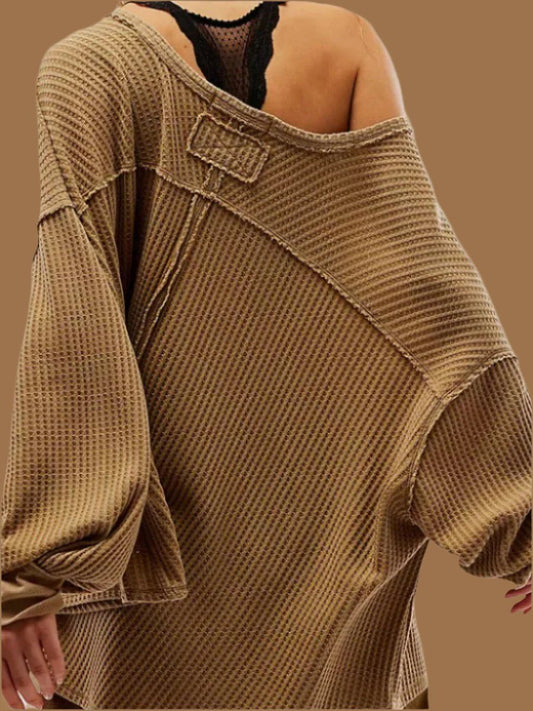 Dropped Shoulders V-Neck Waffle Pullover Shirt